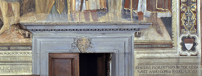 Maestà di Lippo Memmi, integrazioni di Benozzo sopra la porta destra della Sala di Dante, Palazzo Comunale, San Gimignano