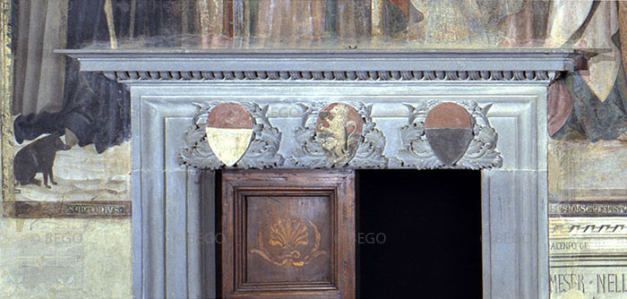 Maestà di Lippo Memmi, integrazioni di Benozzo sopra la porta sinistra della Sala di Dante, Palazzo Comunale, San Gimignano