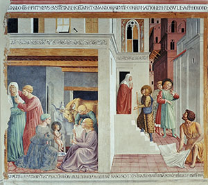 La Nascita di san Francesco, la Profezia del pellegrino e l'Omaggio dell’uomo semplice, chiesa di San Francesco, Montefalco