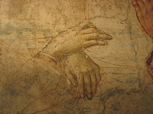 Tabernacolo della Madonna della Tosse, particolare delle mani nella scena della morte della Madonna in cui è evidente il disegno preparatorio, ben chiaroscurato.