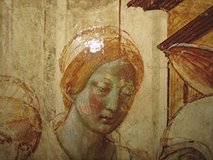 Pellicola di sostanza organica riferibile a un trattamento lucidante sugli affreschi del tabernacolo della Visitazione.